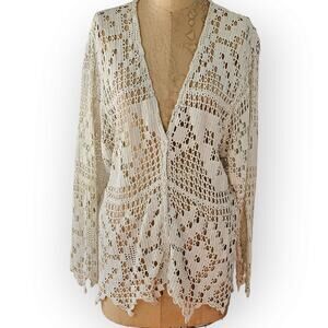 Upcycled boho vintage white crocheted tablecloth jacket glass buttons Medium